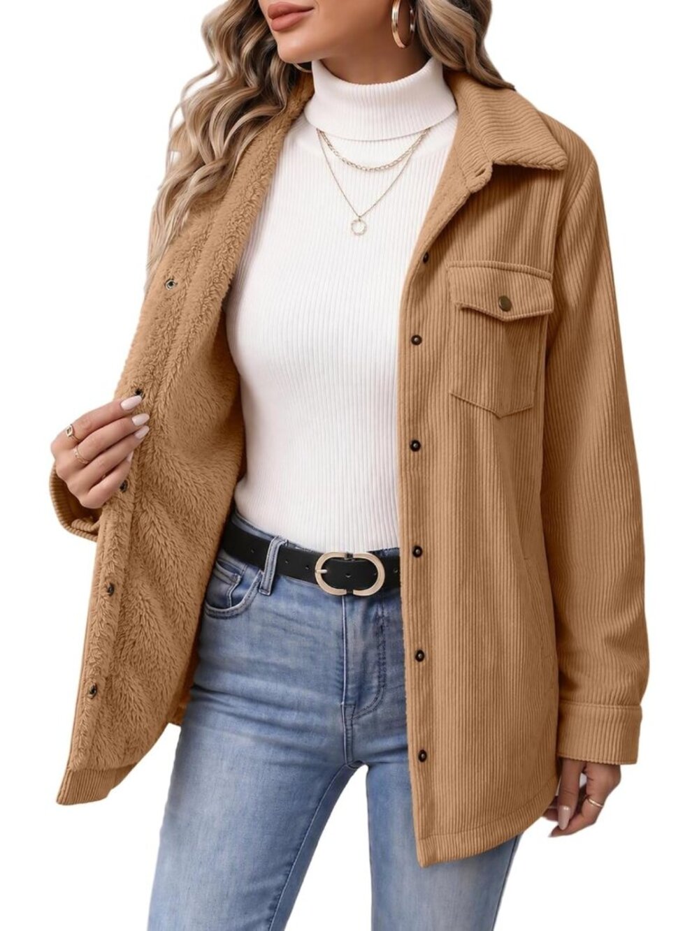 Cozy Women's Fleece Shacket Jacket - Casual Snap Fall Coat for Layering